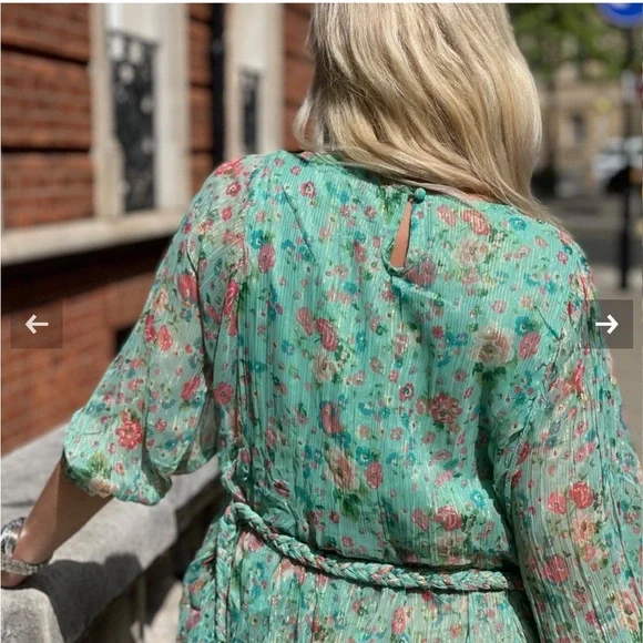 Boho Summer Mint chiffon ditsy floral print mini dress with Belt Italian Size 6 - Picture 5 of 17